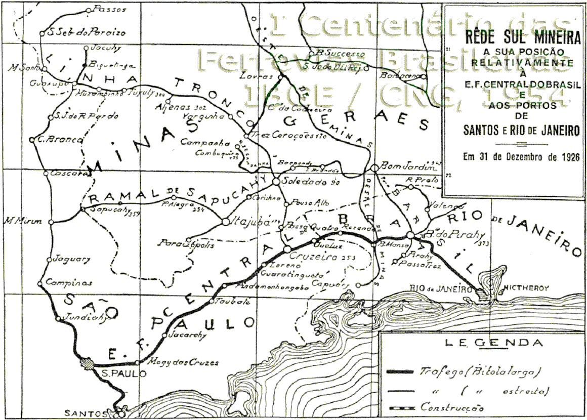 Mapa dos trilhos da Rede Sul Mineira e sua posição relativamente à Estrada de Ferro Central do Brasil e aos portos de Santos e do Rio de Janeiro em 31 de Dezembro de 1926