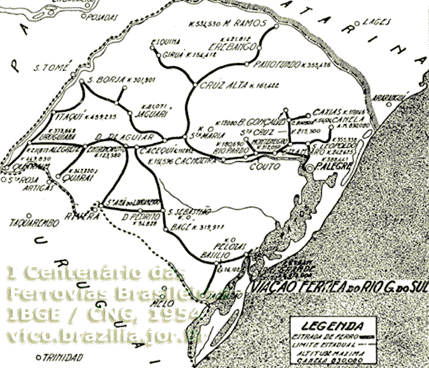 Mapa ferroviário do Rio Grande do Sul em 1950