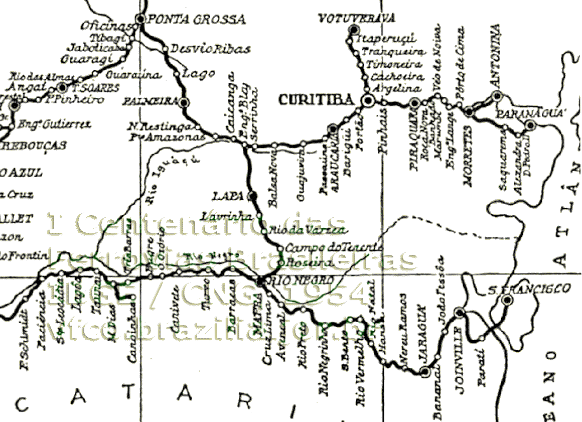 Mapa ferroviário parcial da RVPSC em 1952: trilhos da subida da serra do Mar e início do planalto