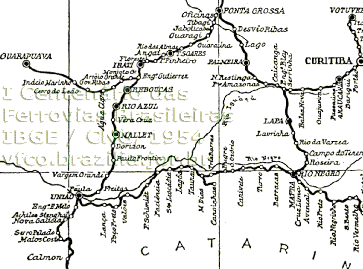 Mapa ferroviário parcial da RVPSC em 1952: trilhos do planalto para oeste (Contestado) e parte da antiga Estrada de Ferro São Paulo Rio Grande