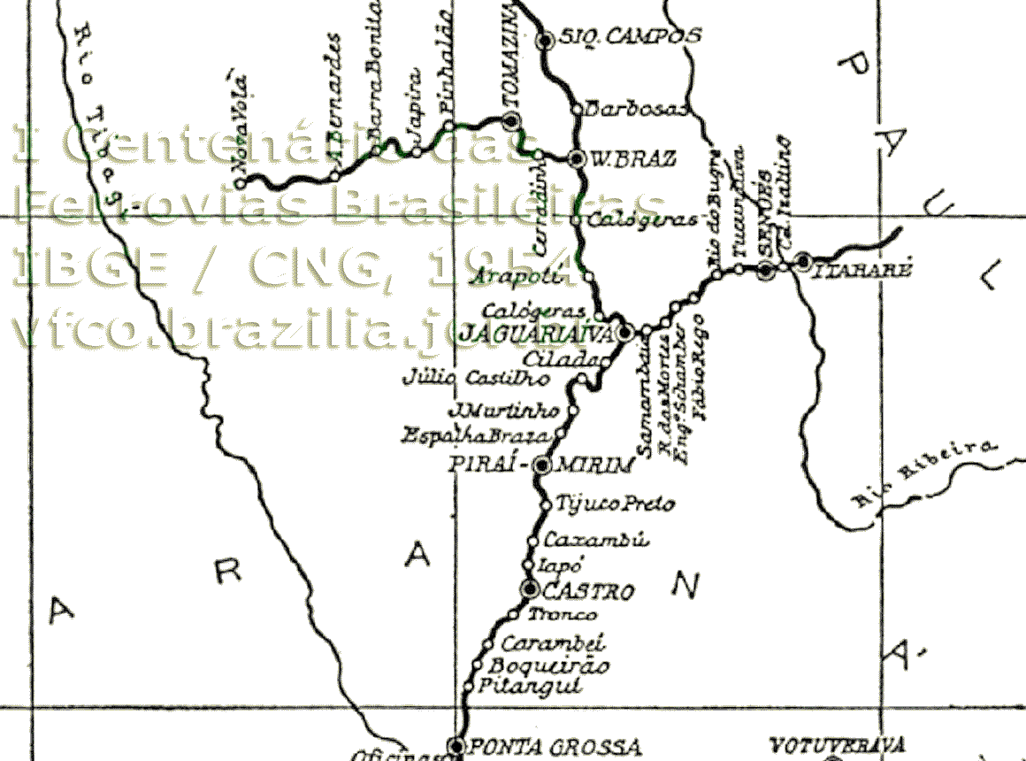 Mapa ferroviário parcial da RVPSC em 1952: linhas de Itararé a Ponta Grossa e de Jaguariaíva a Siqueira Campos