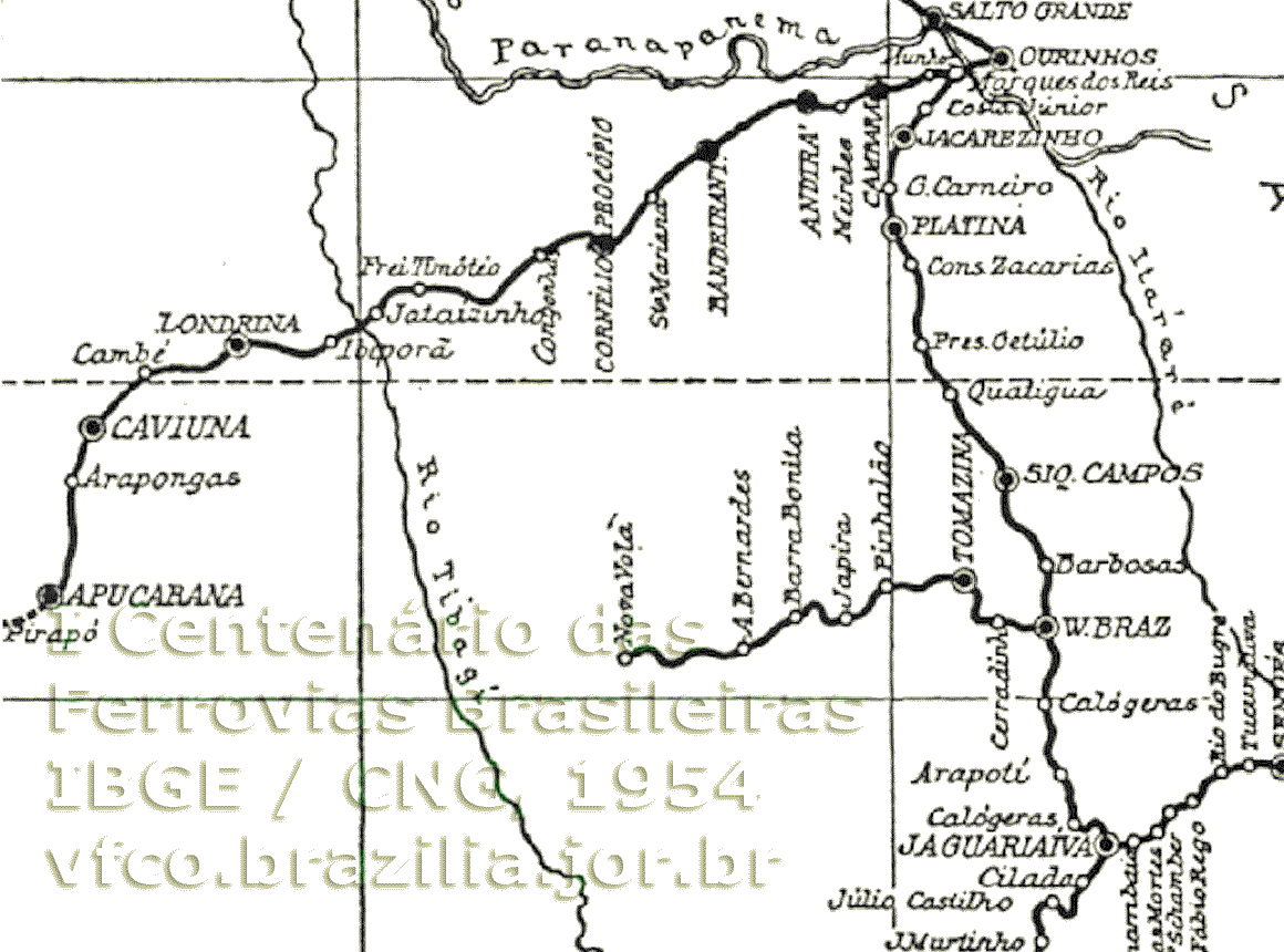 Mapa ferroviário parcial da RVPSC em 1952: trilhos da antiga Estrada de Ferro São Paulo - Paraná e Ramal do Paranapanema