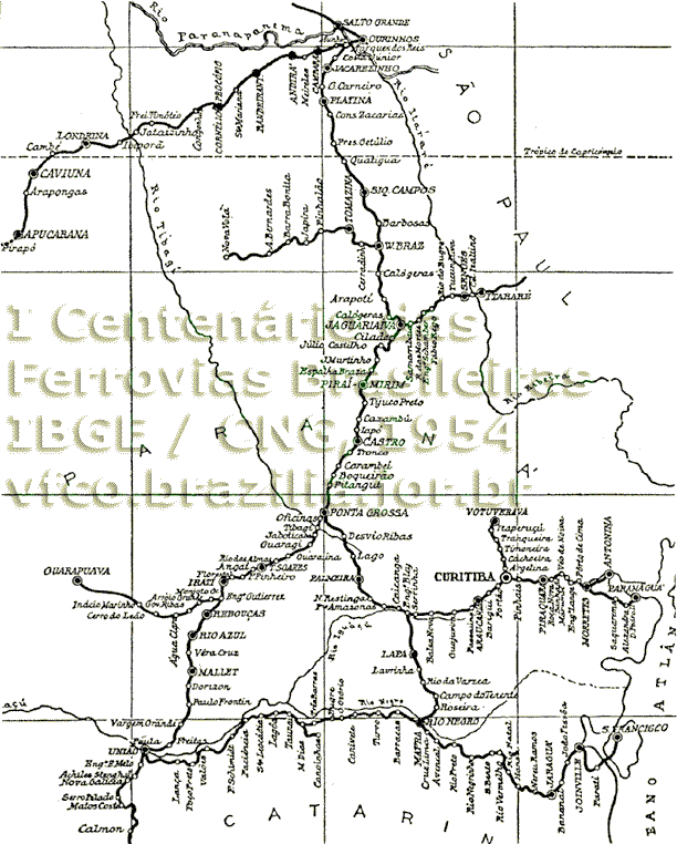 Mapa ferroviário da RVPSC - Rede de Viação Paraná - Santa Catarina em 1952, com links para os mapas parciais ampliados