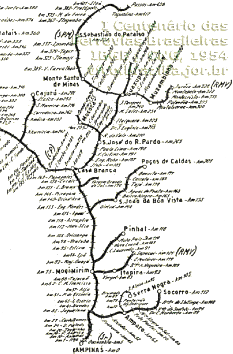 Mapa dos trilhos da Mogiana de Campinas a Casa Branca e ramais próximos, em 1954