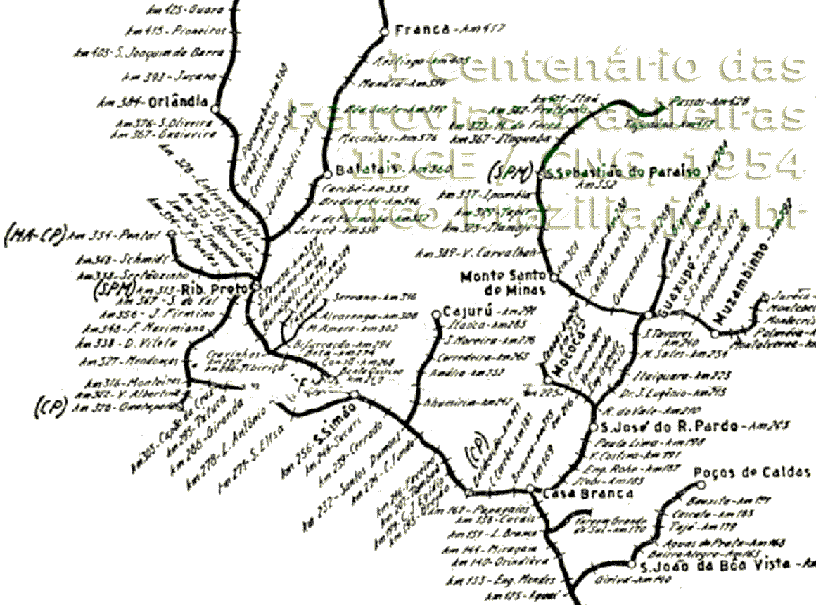 Mapa das linhas e ramais da Cia. Mogiana de Estradas de Ferro entre Casa Branca e Orlândia em 1954