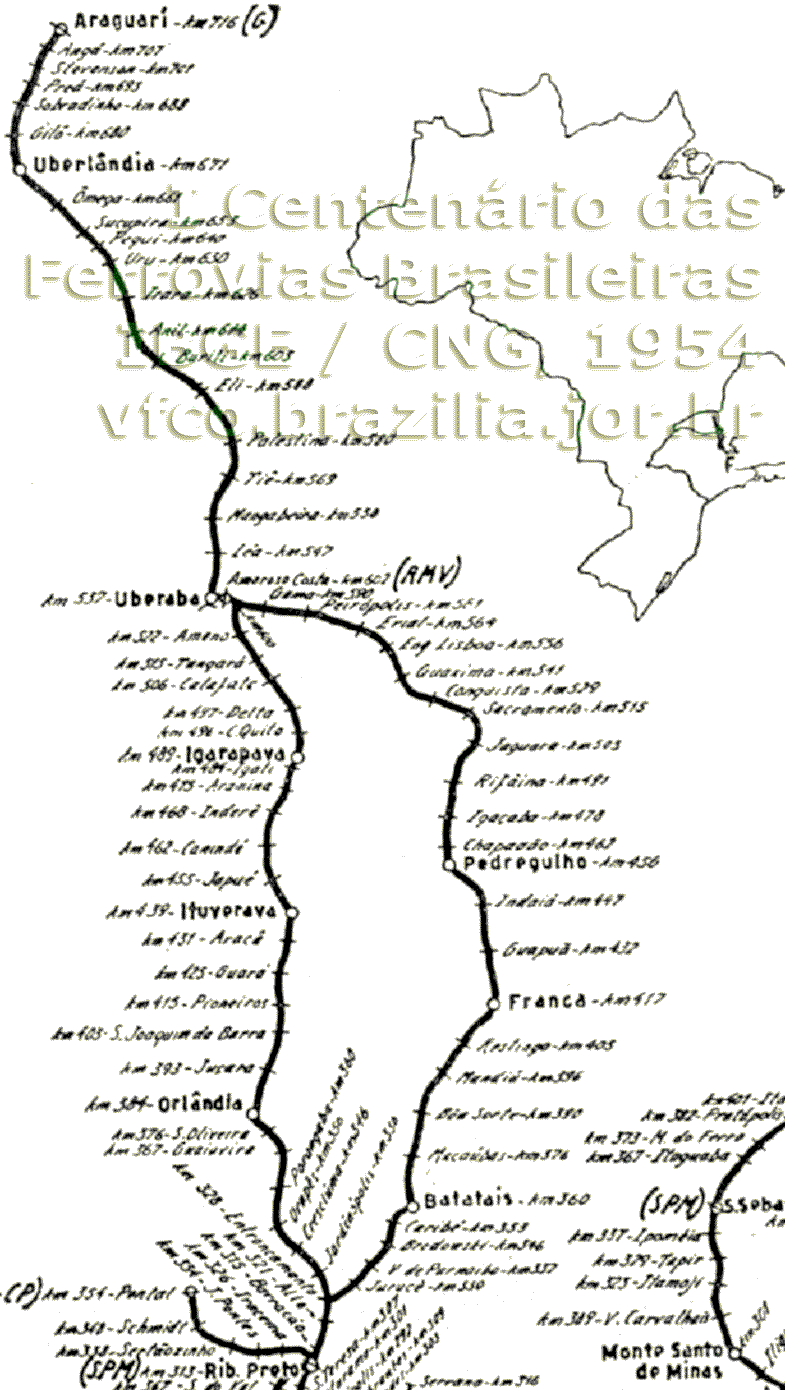 Mapa das linhas da Mogiana de Ribeirão Preto a Araguari em 1954