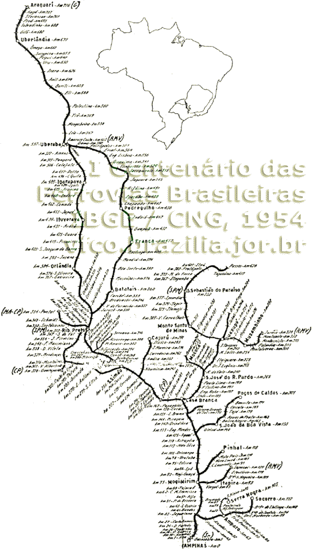 Mapa da Cia. Mogiana de Estradas de Ferro em 1954, com links para os mapas parciais ampliados