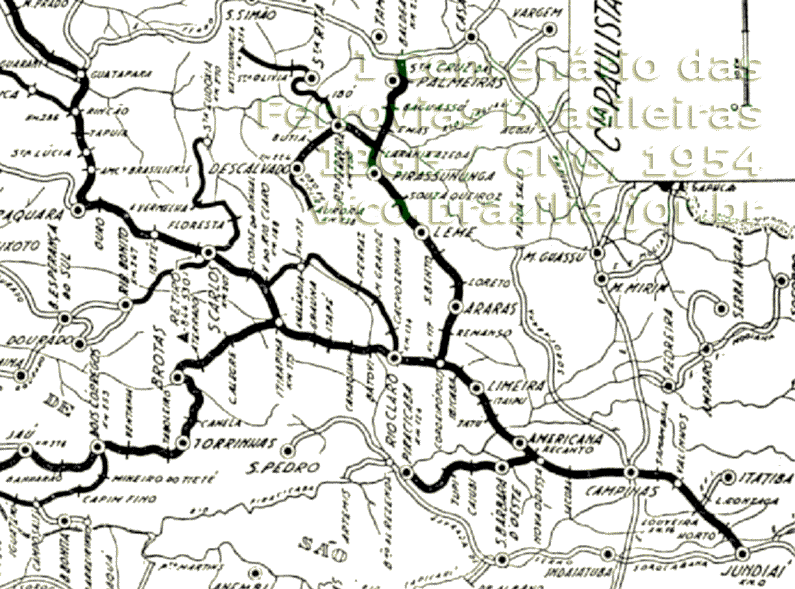 Mapa dos trilhos da Cia. Paulista de Estradas de Ferro de Jundiaí a Jaú e Araraquara em 1954