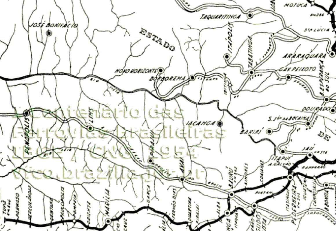 Mapa dos trilhos da Cia. Paulista de Jaú a Tupã em 1954