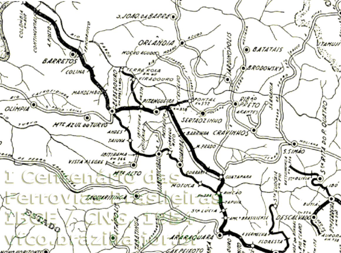 Mapa ferroviário das linhas da Cia. Paulista de Araraquara a Porto Colômbia em 1954