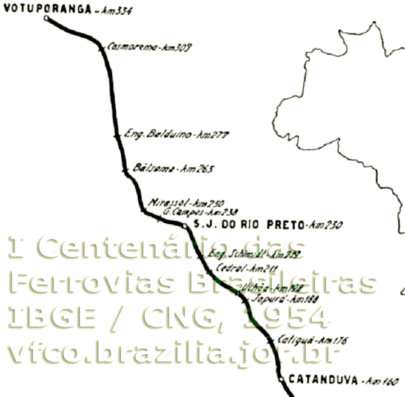 Mapa da Estrada de Ferro Araraquara, de Catanduva a Votuporanga, em 1954