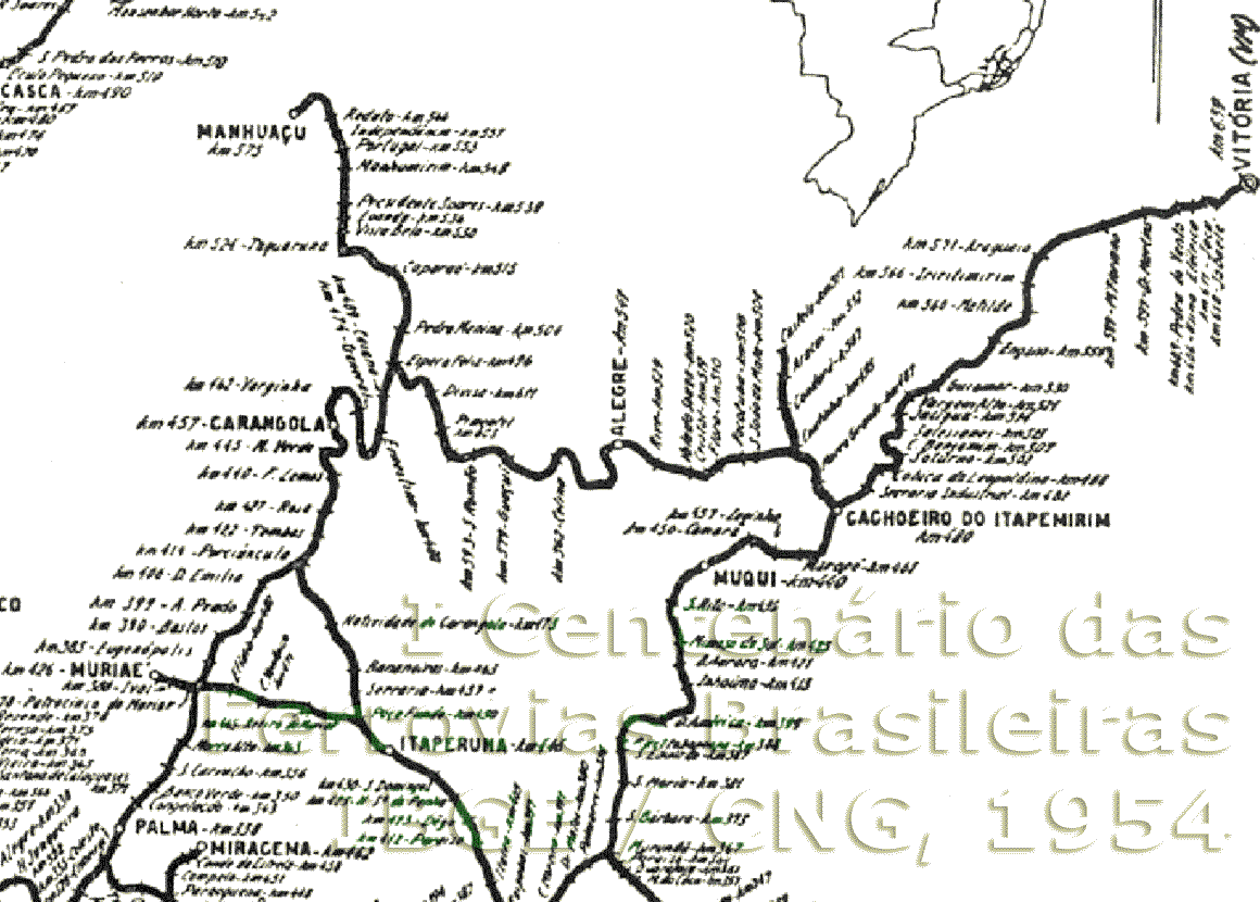Seção do mapa ferroviário da Leopoldina em 1954, com as linhas de Vitória a Manhuaçu e Muriaé
