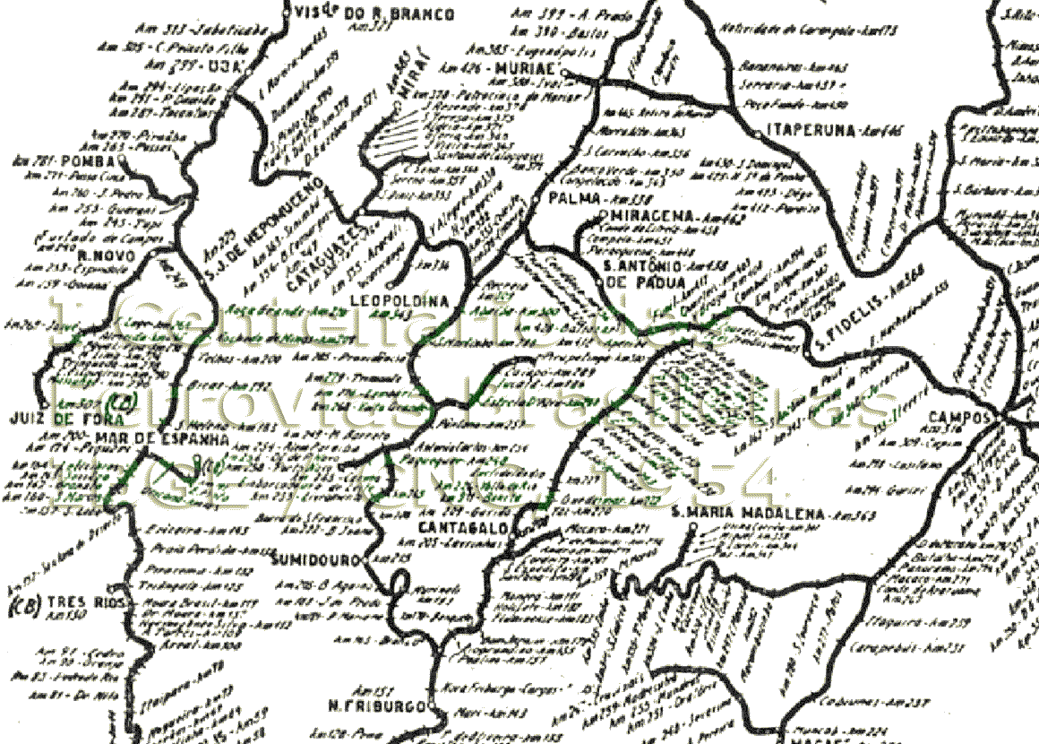Seção central do mapa das ferrovias da Leopoldina em 1954