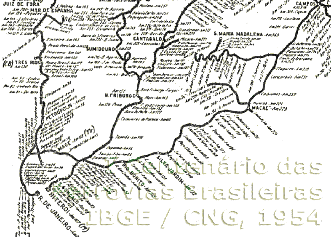 Mapa da área centro-sul da rede de trilhos da Estrada de Ferro Leopoldina em 1954