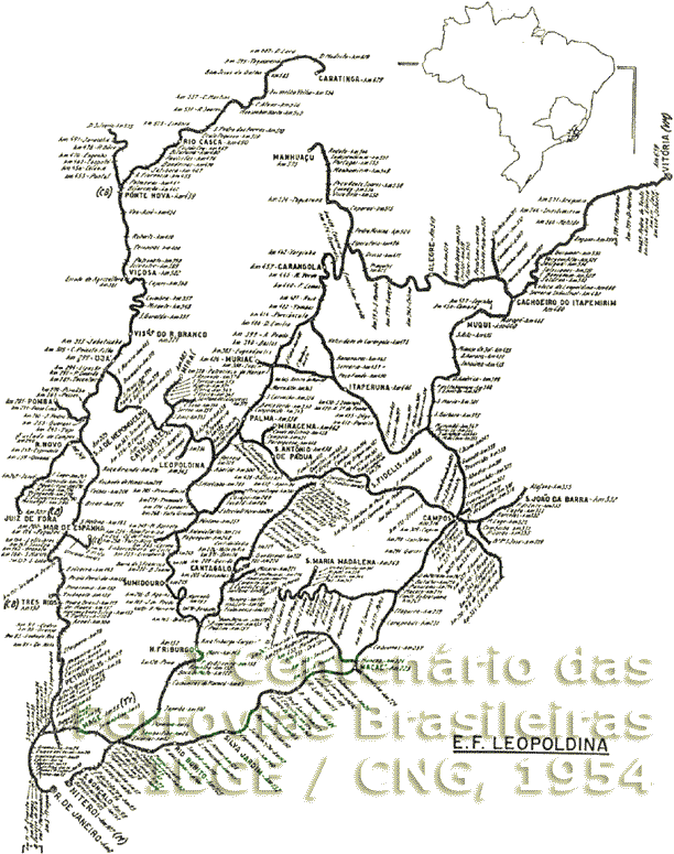 Mapa geral das ferrovias da Estrada de Ferro Leopoldina com links para os mapas detalhados dos trilhos de cada setor