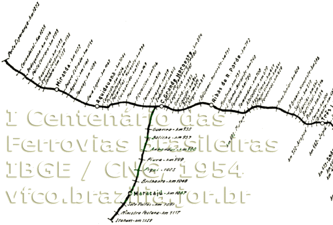Mapa da Estrada de Ferro Noroeste do Brasil em 1954 - trecho de Três Lagoas a Porto Esperança e Ramal de Ponta Porã
