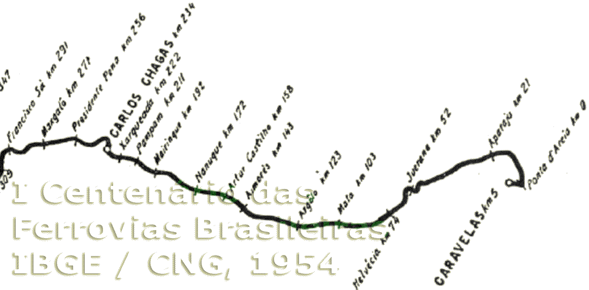 Mapa da Estrada de Ferro Bahia e Minas em 1954 - trecho de Ponta da Areia a Carlos Chagas