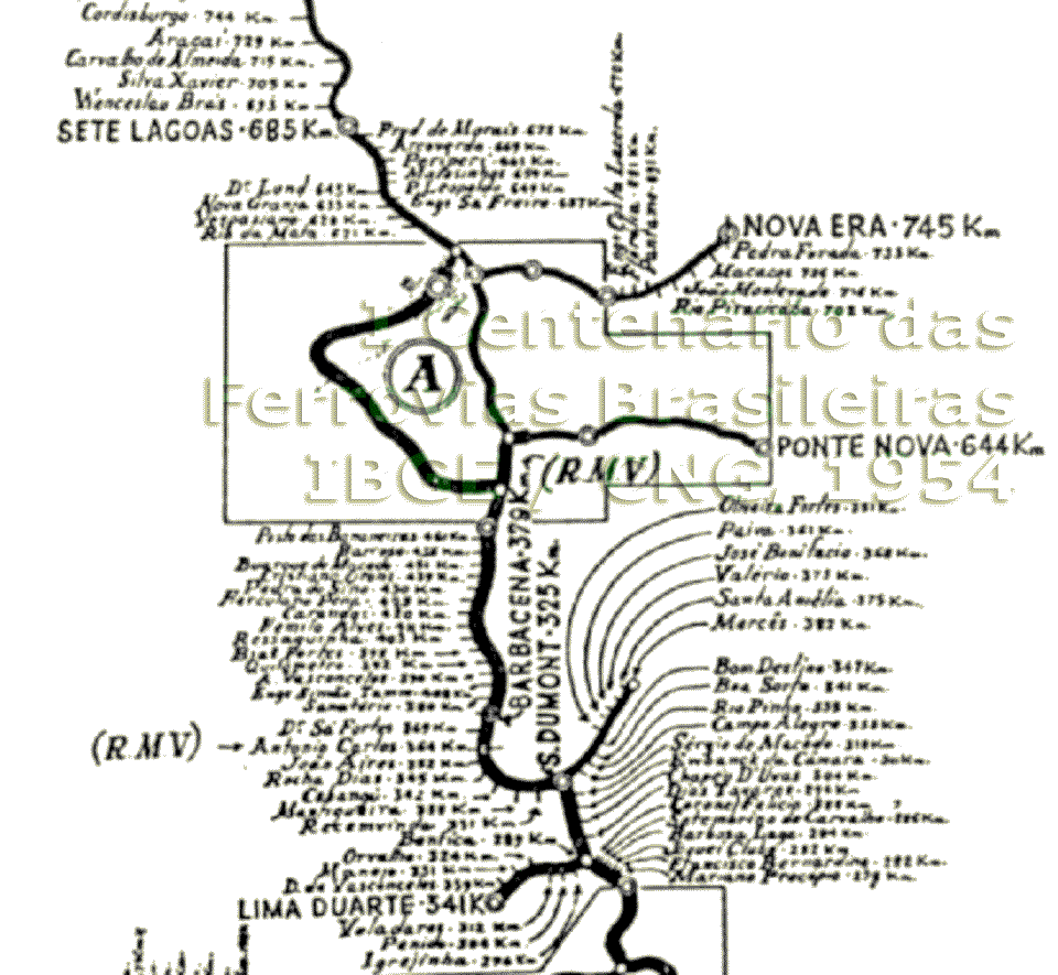 Mapa da Estrada de Ferro Central do Brasil na região de Belo Horizonte em 1954