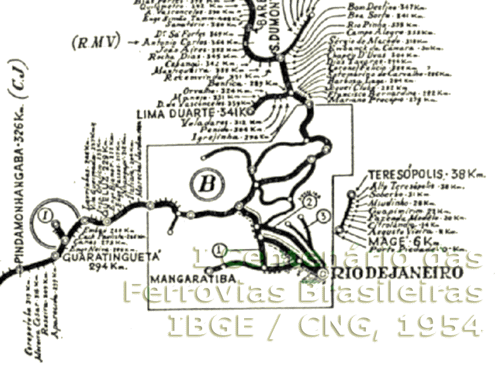 Mapa da Estrada de Ferro Central do Brasil na região próxima ao Rio de Janeiro em 1954