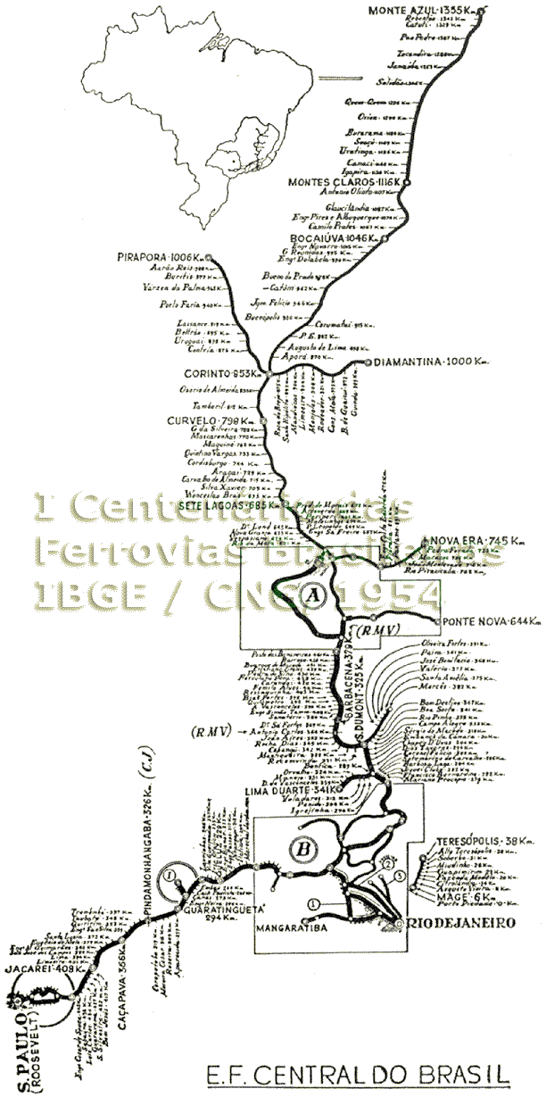Mapa geral da EFCB - Estrada de Ferro Central do Brasil, com links para os mapas regionais da ferrovia