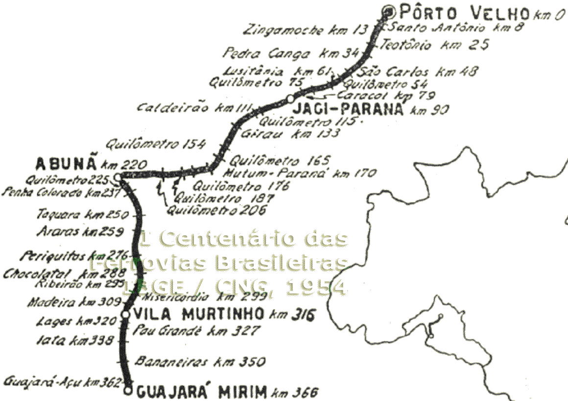 Mapa da Estrada de Ferro Madeira-Mamoré em 1954