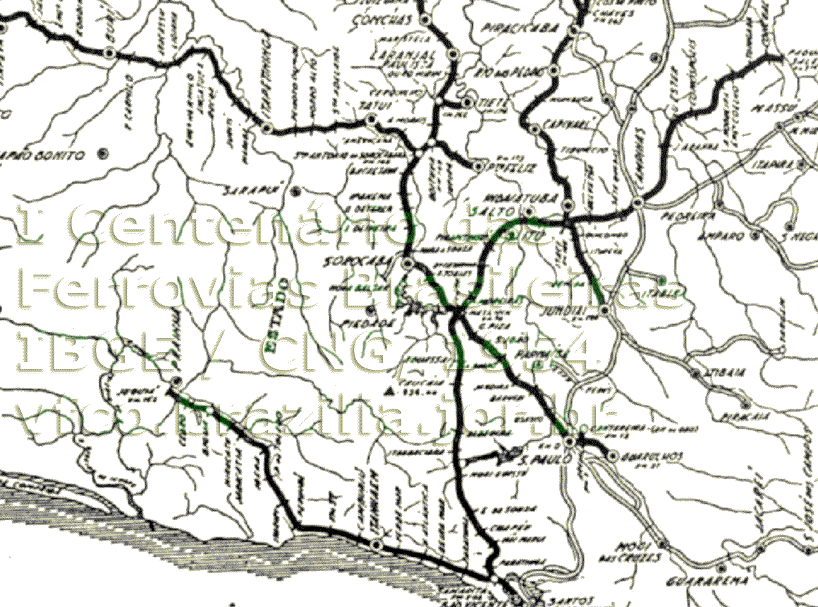 Mapa parcial dos trilhos da Estrada de Ferro Sorocabana em 1954 na região do Tietê ao litoral e linhas próximas