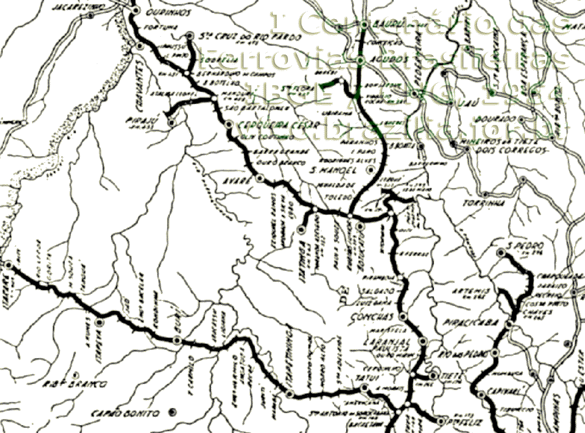 Mapa da Estrada de Ferro Sorocabana em 1954: trechos de Tietê a Bauru, Ourinhos e Itararé
