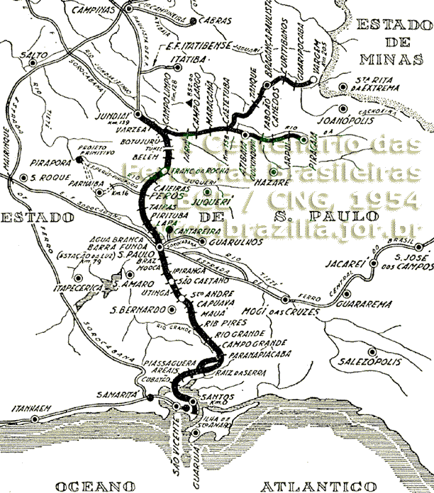 Mapa de localização da Estrada de Ferro Santos a Jundiaí