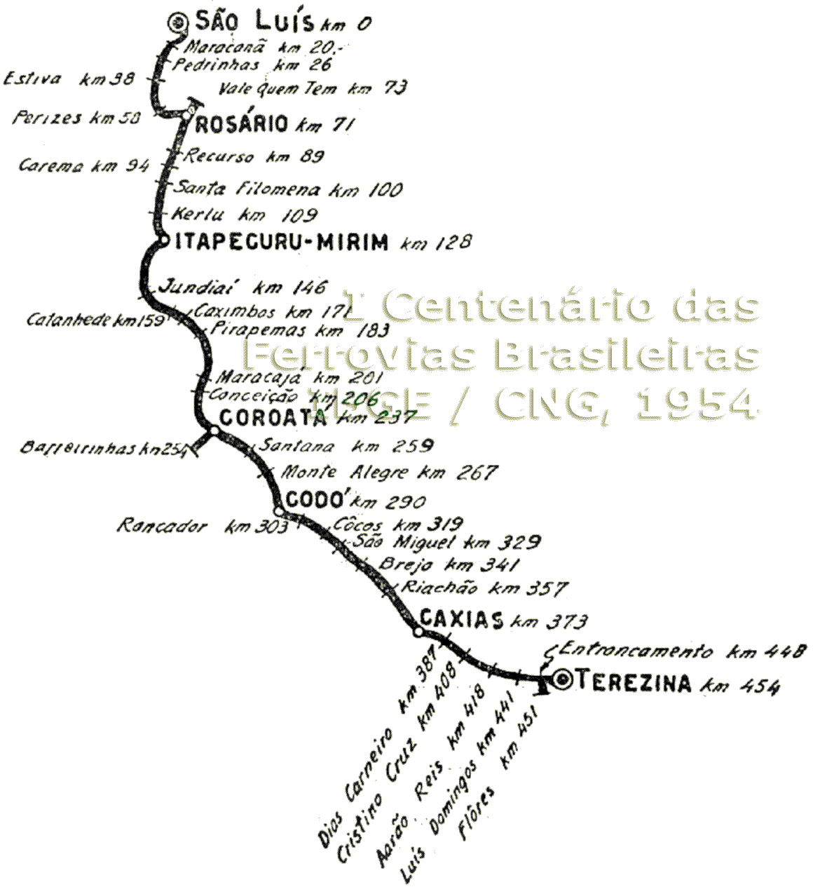 Mapa da Estrada de Ferro São Luís - Teresina em 1954