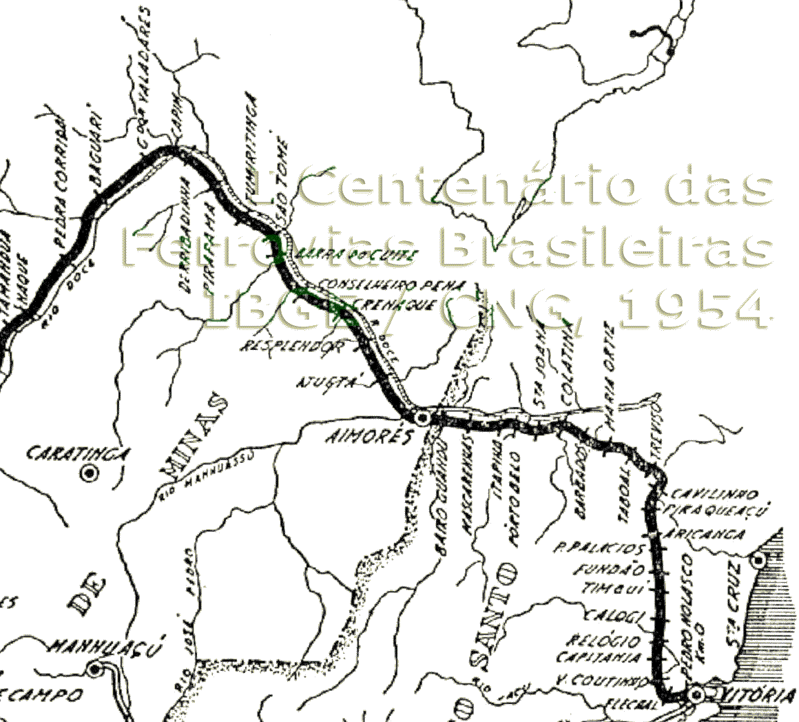 Mapa da Estrada de Ferro Vitória a Minas em 1954 - trecho de Vitória a Governador Valadares