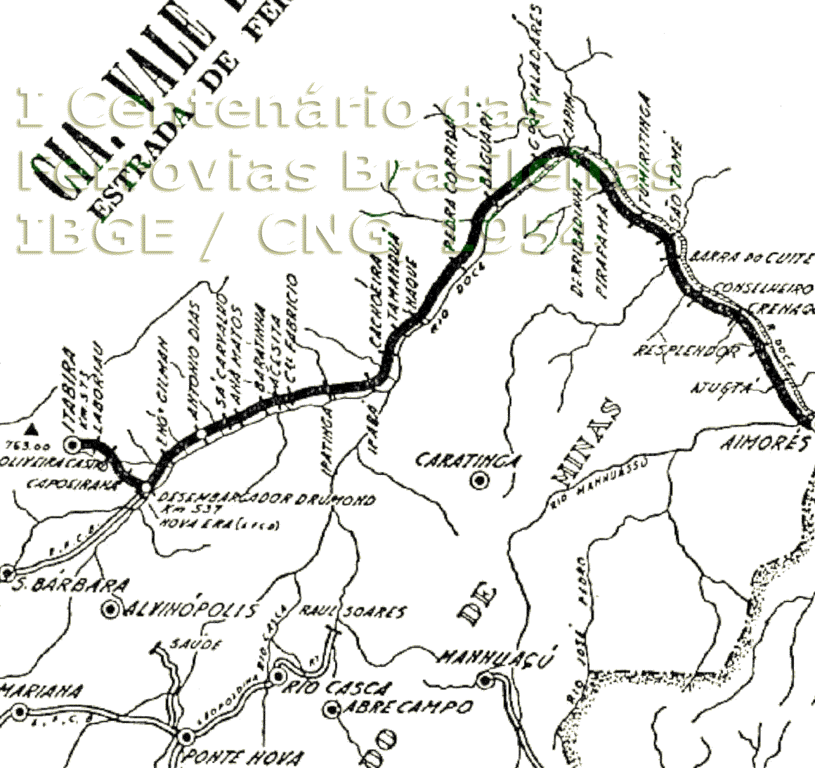 Mapa da Estrada de Ferro Vitória a Minas em 1954 - trecho de Governador Valadares a Desembargador Drummond e Ramal de Itabira