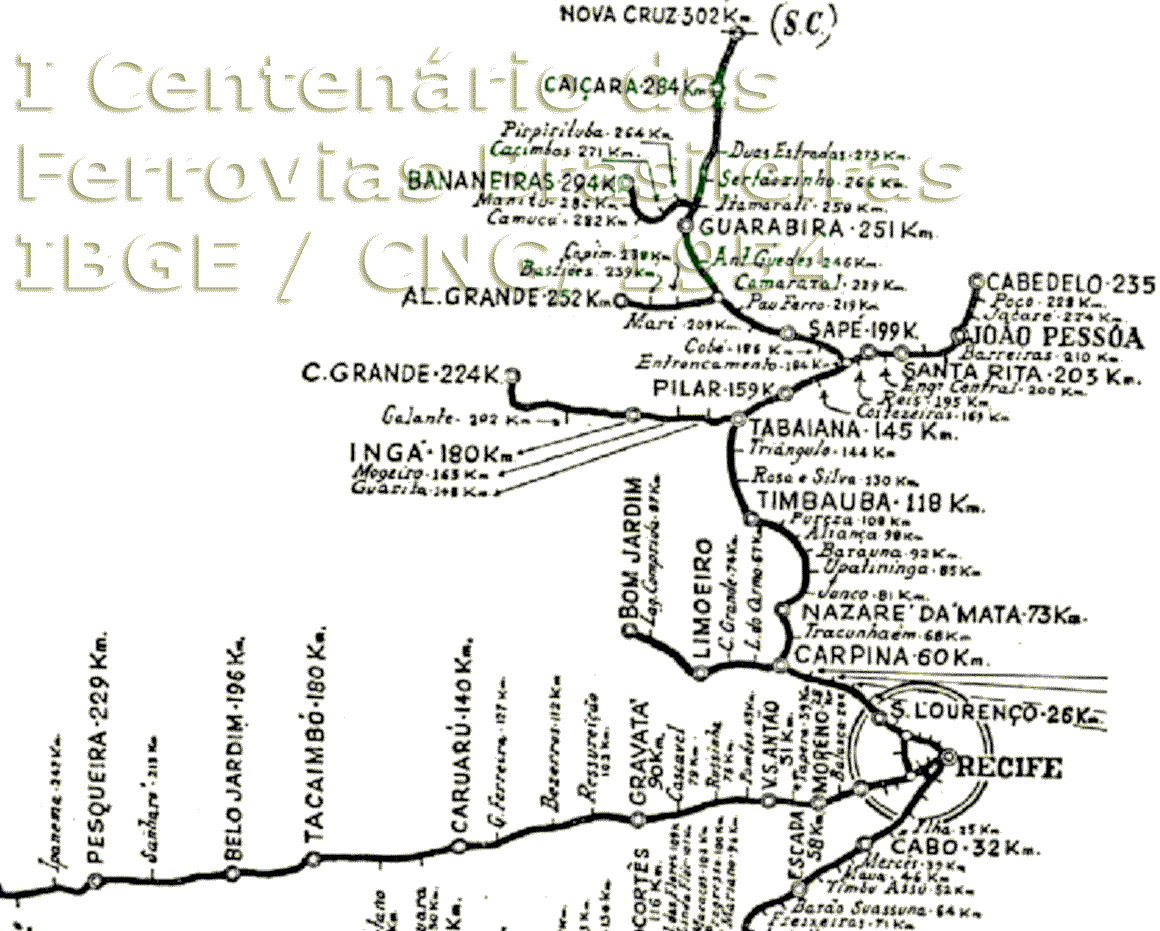 Mapa da Linha Norte da Rede Ferroviária do Nordeste em 1954