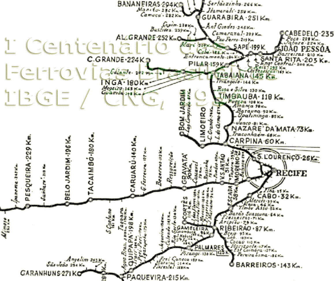 Mapa dos trilhos da região central da Rede Ferroviária do Nordeste em 1954