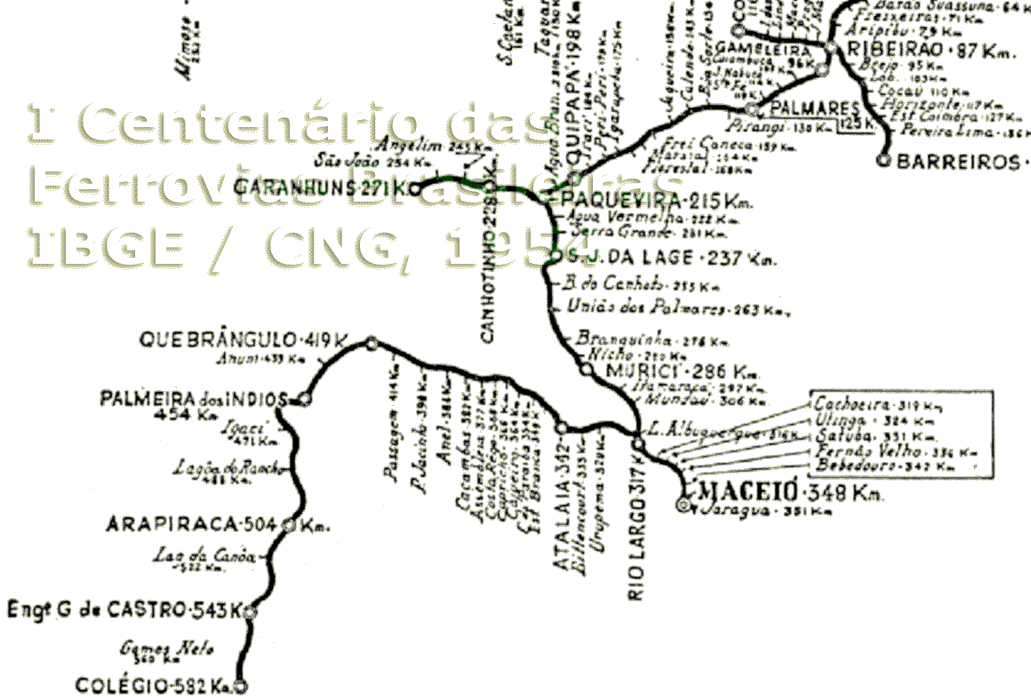 Mapa da Linha Sul da Rede Ferroviária do Nordeste em 1954