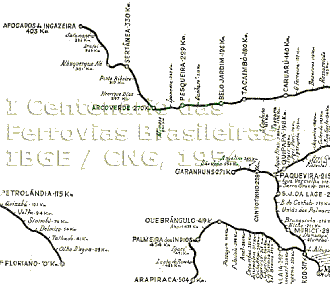 Mapa da Linha Centro da Rede Ferroviária do Nordeste e Estrada de Ferro Paulo Afonso em 1954