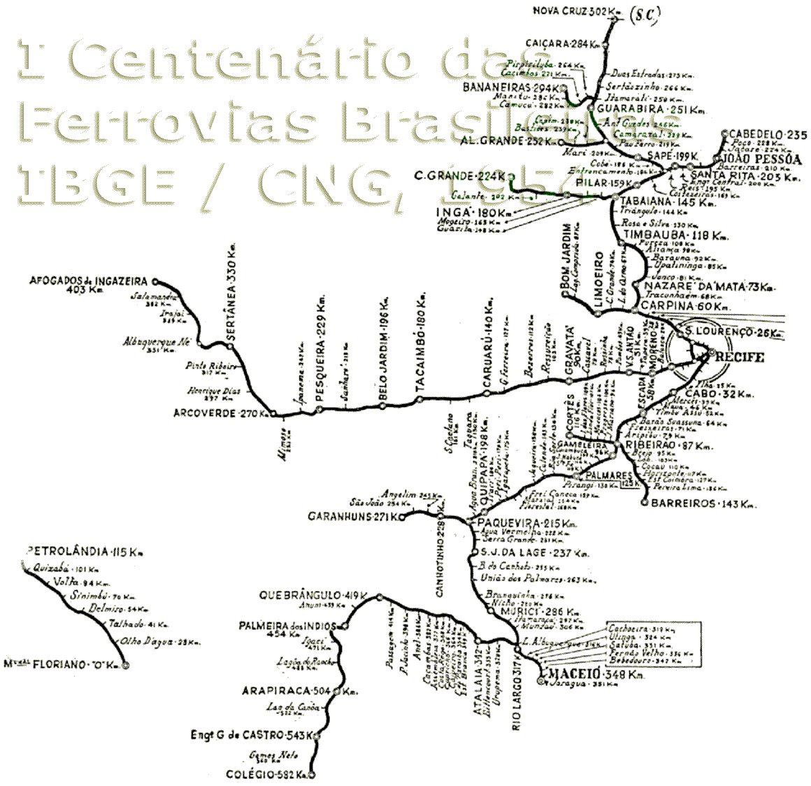 Mapa geral da Rede Ferroviária do Nordeste, com links para os mapas parciais de 1954