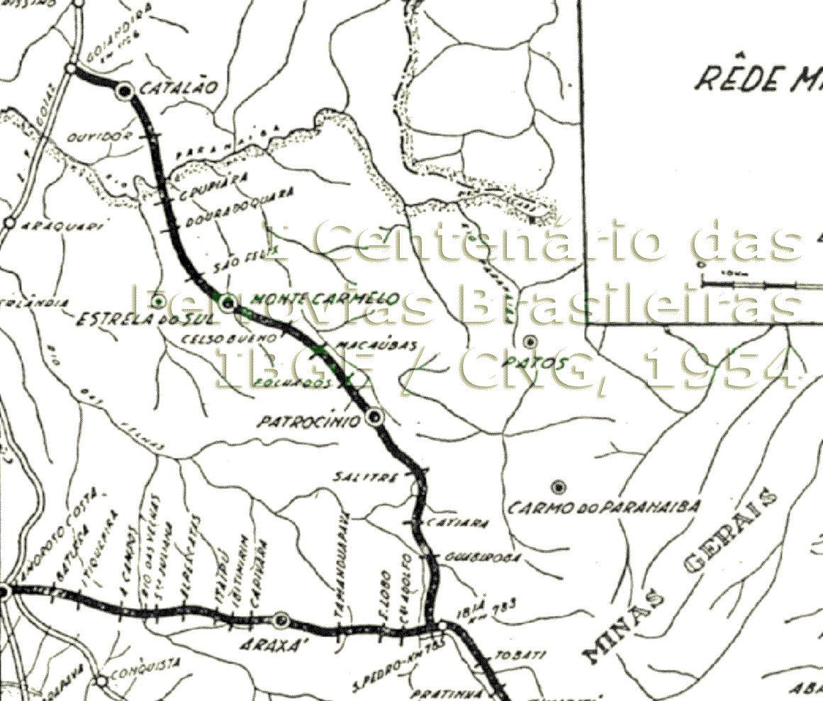 Mapa dos trilhos da RMV - Rede Mineira de Viação no Triângulo Mineiro, de Ibiá a Amoroso Costa e Goiandira, em 1954