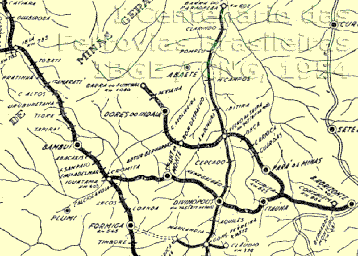 Mapa dos trilhos da RMV - Rede Mineira de Viação a oeste e ao norte de Belo Horizonte, em 1954 