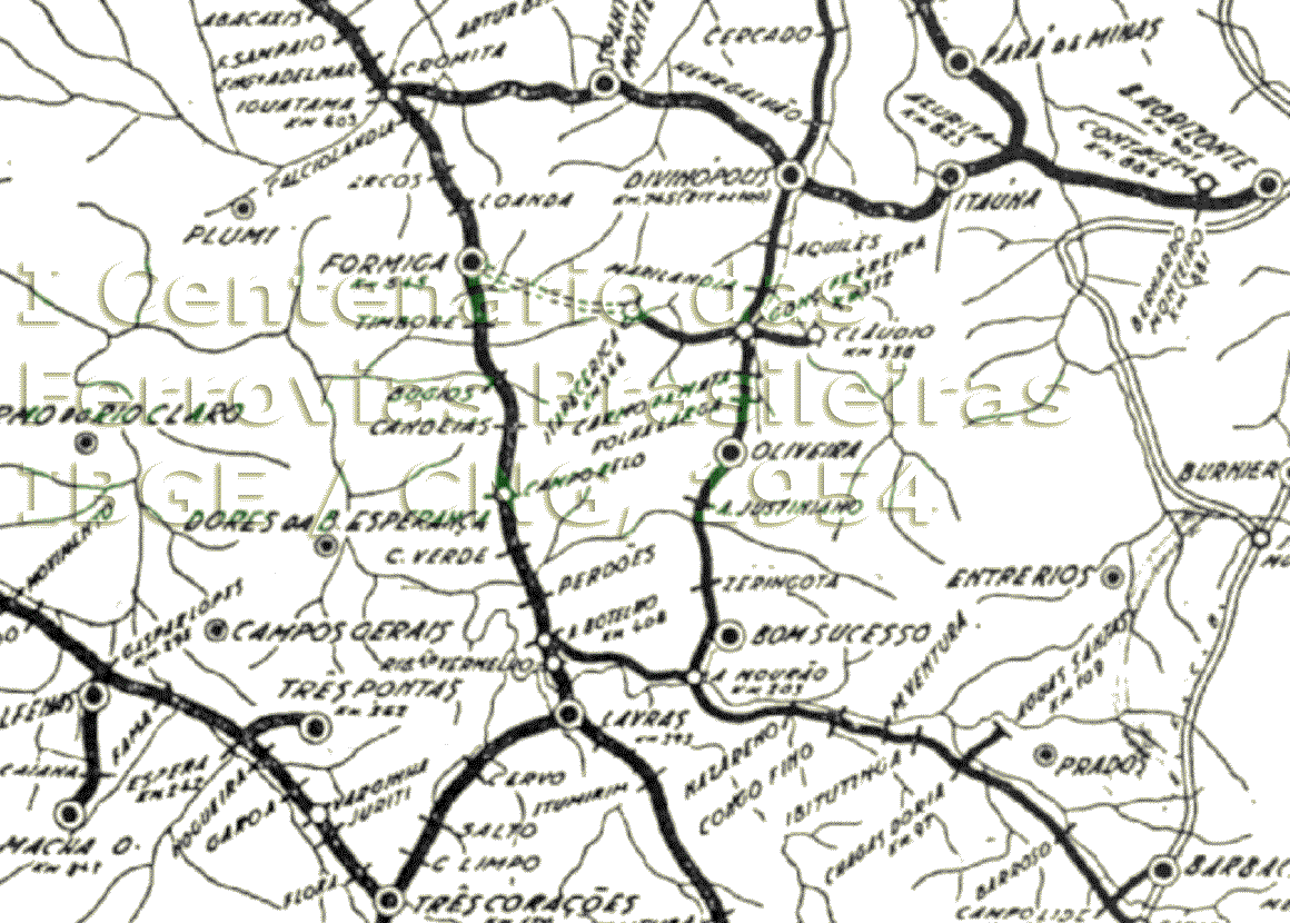 Mapa parcial dos trilhos da RMV - Rede Mineira de Viação a oeste e ao sul de Belo Horizonte, em 1954
