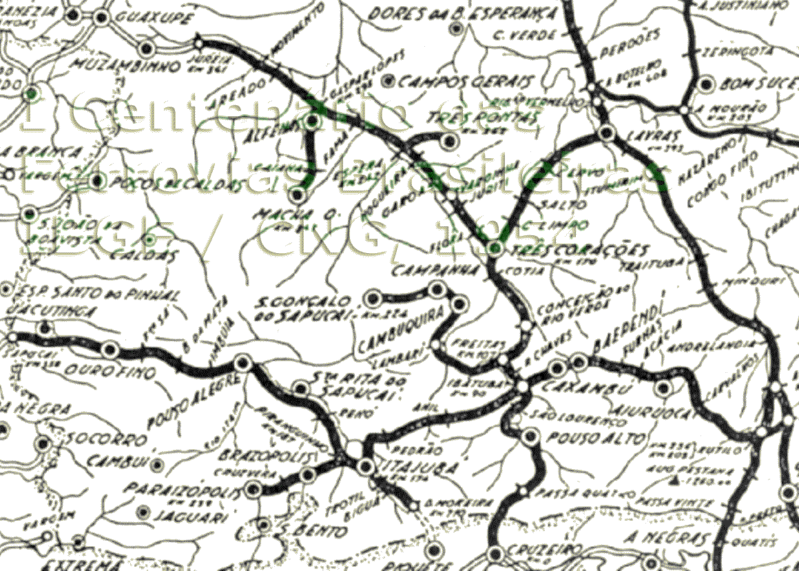 Mapa dos trilhos da RMV - Rede Mineira de Viação no sul de Minas e divisa com São Paulo, em 1954