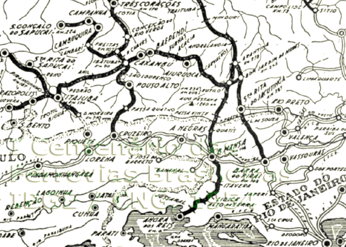 Mapa parcial dos trilhos da RMV - Rede Mineira de Viação de Angra dos Reis e Barra Mansa até Arantina, em 1954