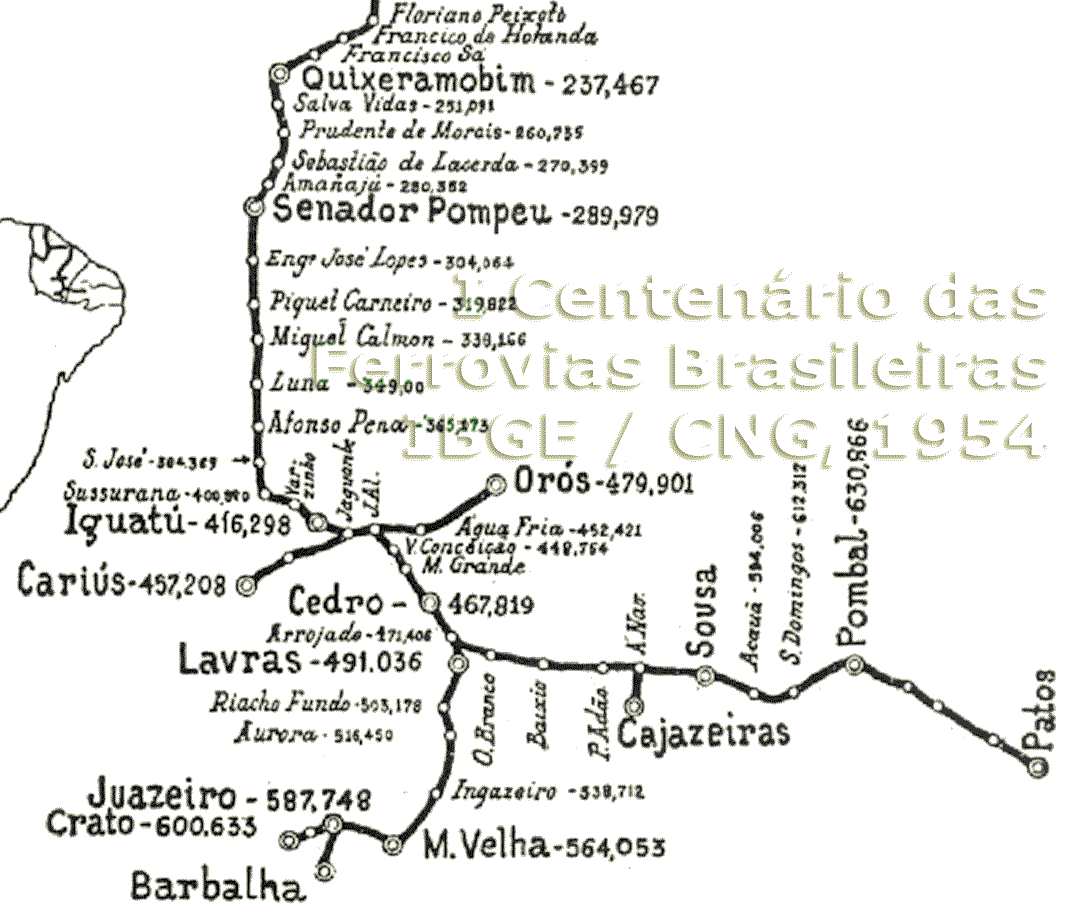Mapa ferroviário da Rede de Viação Cearense em 1954 - trilhos do sul da rede