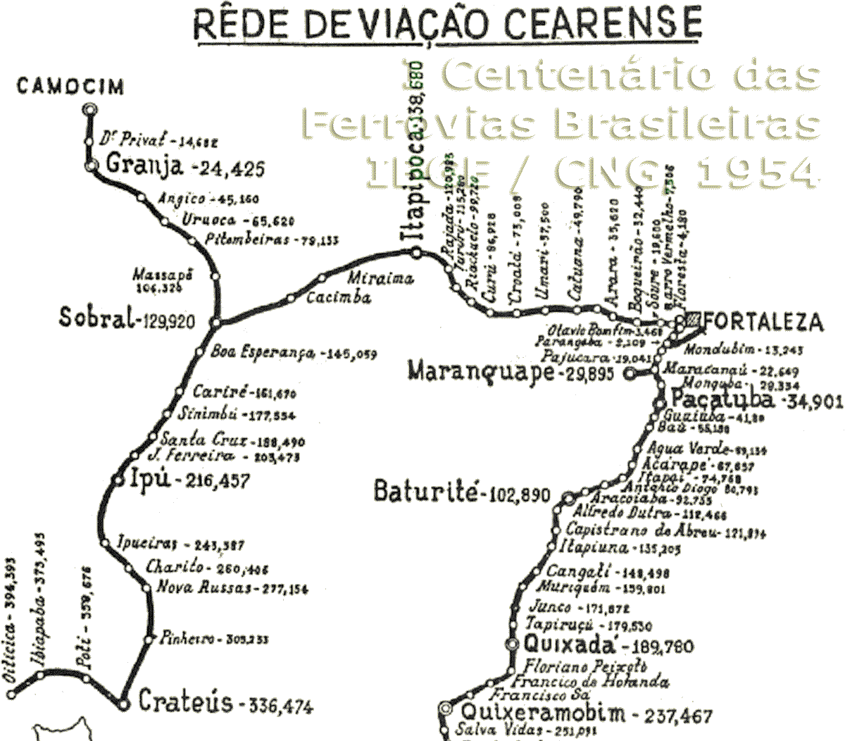 Mapa ferroviário da Rede de Viação Cearense em 1954 -  trilhos do norte da rede