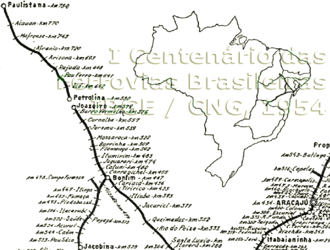 Mapa dos trilhos da VFFLB - Viação Férrea Federal Leste Brasileiro de Bonfim a Juazeiro, Petrolina e Paulistana, em 1954