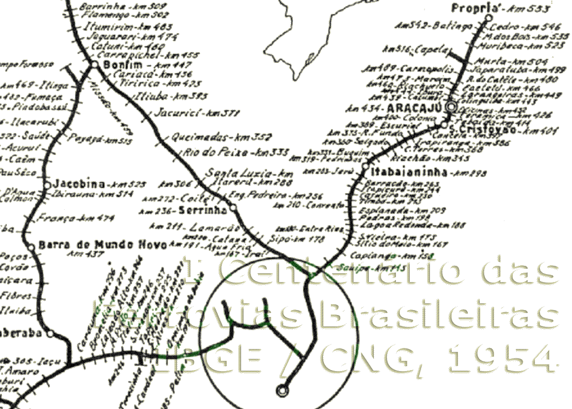 Mapa da VFFLB - Viação Férrea Federal Leste Brasileiro, de Alagoinhas a Propriá, em 1954