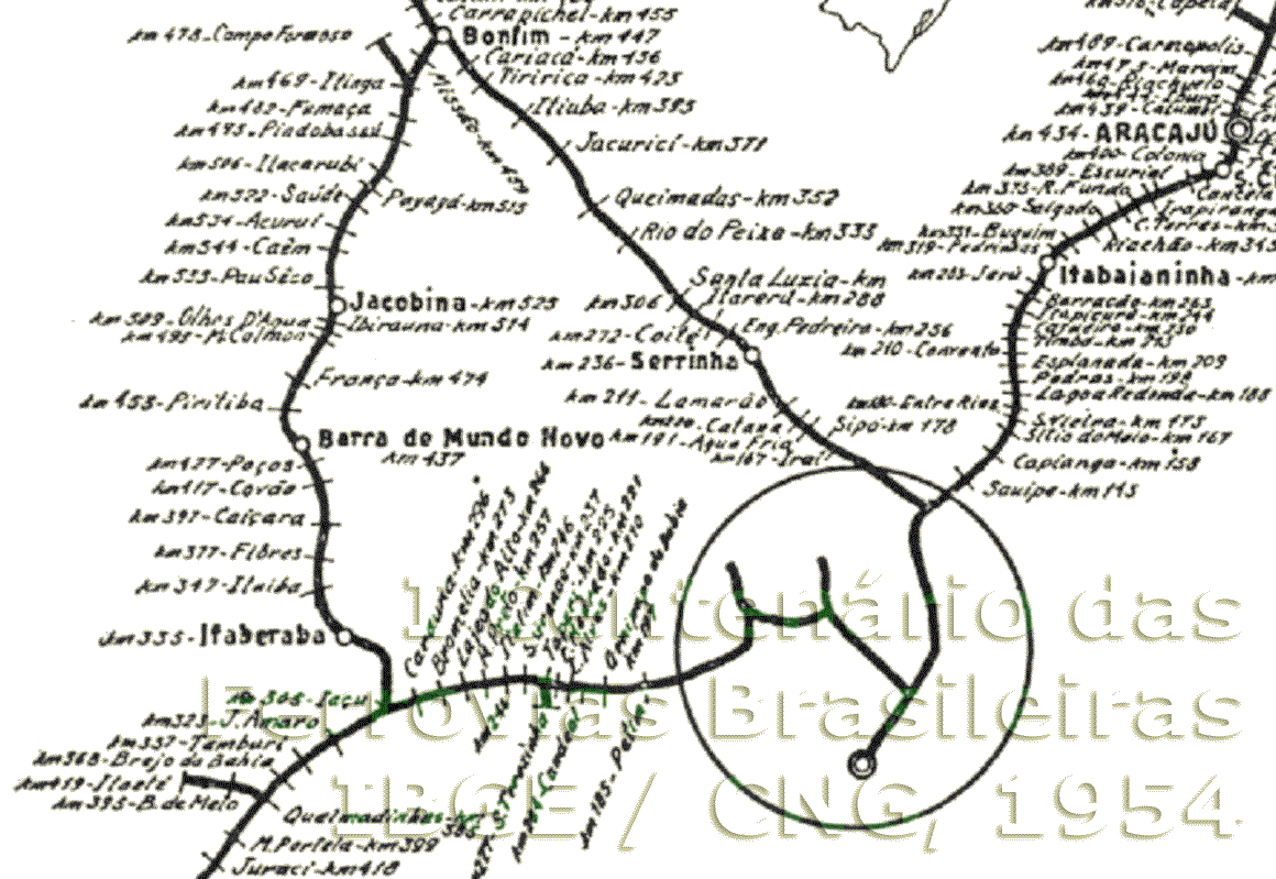 Mapa dos trilhos da área central da VFFLB - Viação Férrea Federal Leste Brasileiro  e ligação Iaçu-Bonfim em 1954