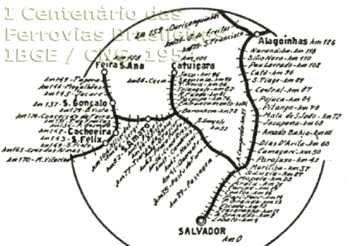 Mapa da Viação Férrea Federal Leste Brasileiro no Recôncavo Baiano em 1954