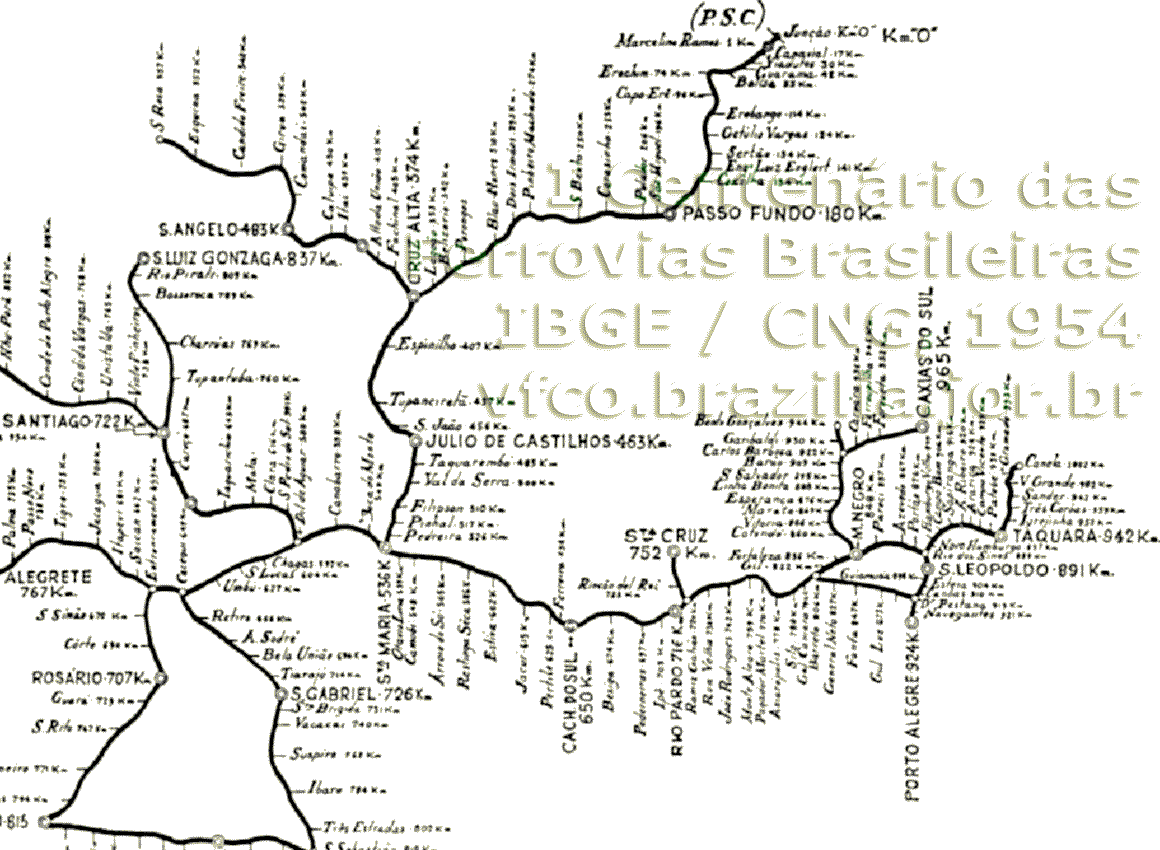 Mapa dos trilhos da região norte da VFRGS - Viação Férrea do Rio Grande do Sul em 1954