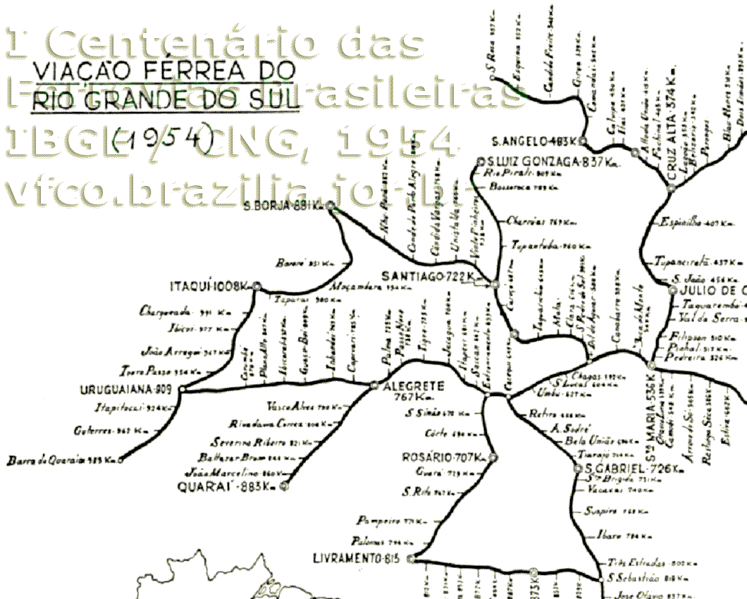 Mapa dos trilhos da região oeste da VFRGS - Viação Férrea do Rio Grande do Sul em 1954