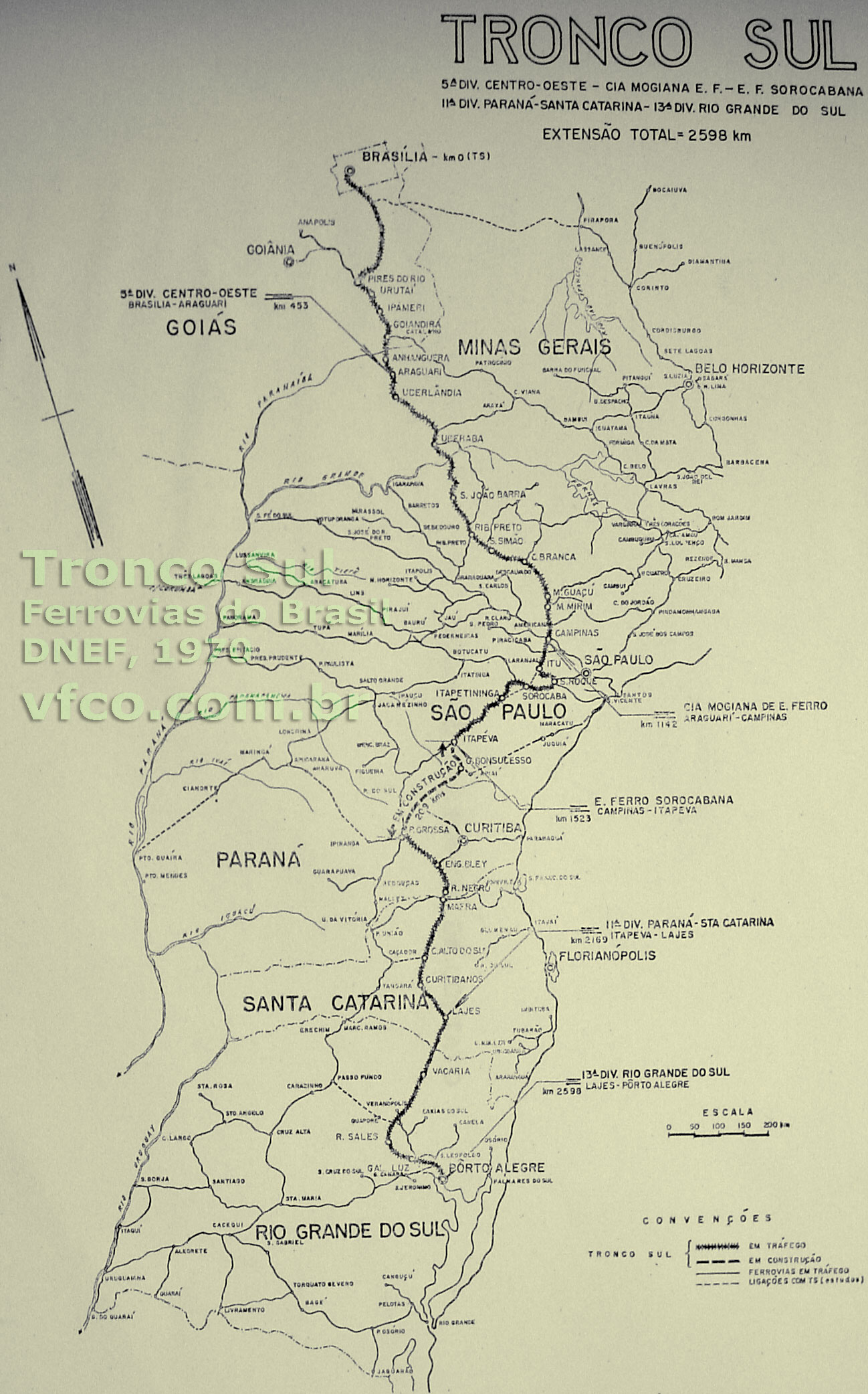 Mapa ferroviário do Tronco Sul (novo) em 1970